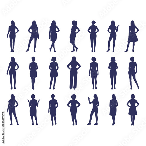 Full body silhouettes of stylish women posing in various fashionable outfits and dynamic body shapes