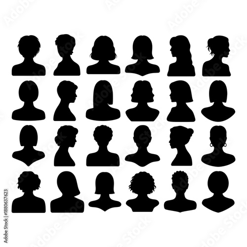 Group of female head silhouettes in profile and frontal views displaying various hairstyles and head shapes for diverse women representation in art