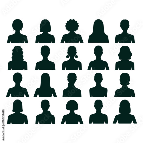 Set of diverse female avatars in silhouette with various hairstyles representing different women personifying diversity and individuality in digital graphics