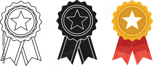 Award ribbon badge icon set with star emblem in outline, solid, and colored styles for achievement and certification designs