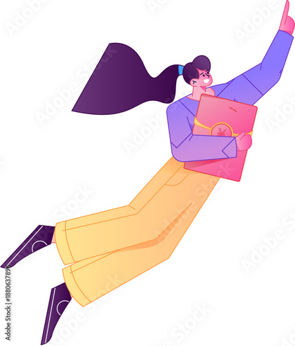 Vector flat gradient illustration of a character holding a red envelope and celebrating Chinese New Year.
