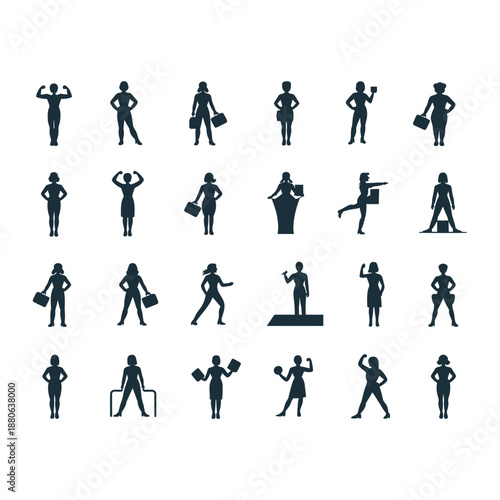 Compilation of female silhouette icons depicting different poses and activities, symbolizing strength, confidence, and active lifestyles, promoting healthy living and personal growth