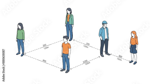 People maintaining social distance in a public setting illustration from a top view