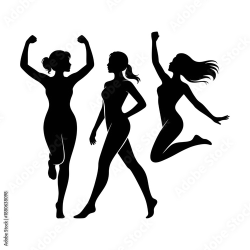 Set of three strong female silhouettes in various dynamic poses, isolated women figures on a transparent background for active themes