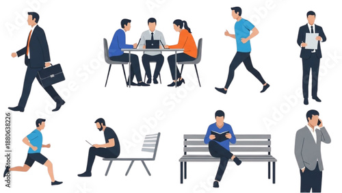 People engaging in various activities in a modern urban environment from multiple viewpoints