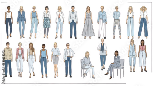 Diverse group of people in various outfits and poses illustrated in a modern style from a front viewpoint