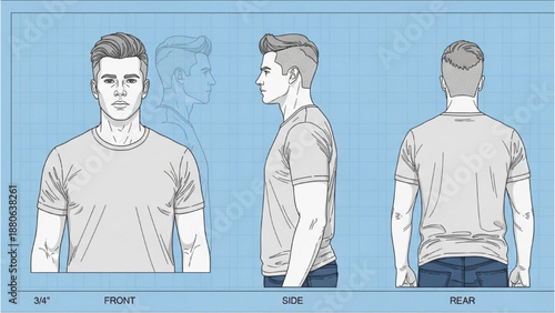 Illustration of a man wearing a t-shirt viewed from front, side, and back standing against a blue background