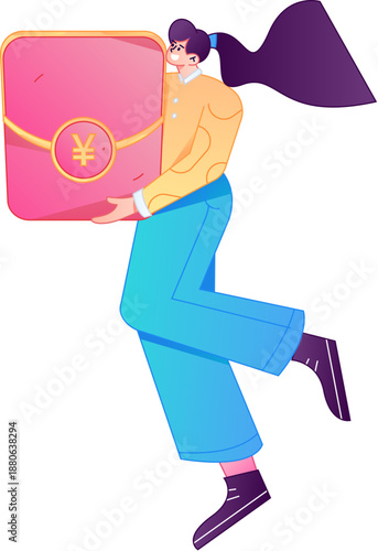 Vector flat gradient illustration of a character holding a red envelope and celebrating Chinese New Year.
