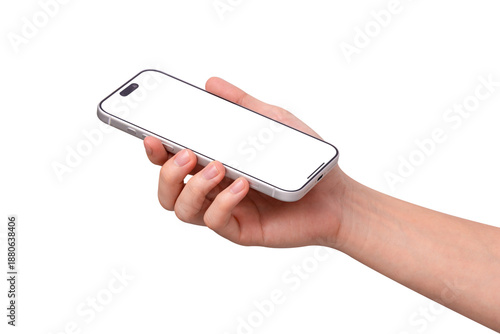 Side view of hand holding smartphone mockup with blank transparent screen isolated on transparent background. Mobile phone with empty display for copy space.