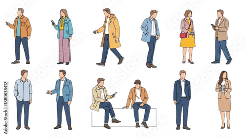 Diverse people in various poses and attire interacting with devices and each other in a flat illustration style