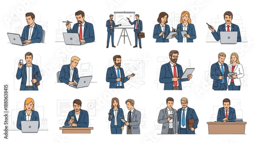 Diverse professionals working with laptops and documents in various office settings and roles