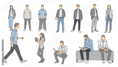 Diverse group of people engaging in various activities in a casual setting, viewed from the side in an illustration.