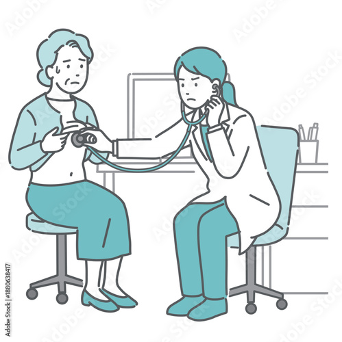 聴診を受ける冷や汗をかいた高齢女性と深刻な表情の白衣の女性医師のイラスト