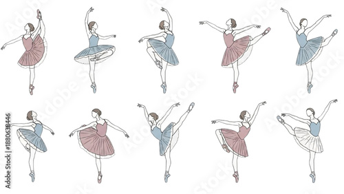 Collage of ballet dancers in various poses and colorful costumes dancing on a white background from multiple viewpoints