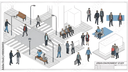 Isometric illustration of people interacting at a busy urban street crossing