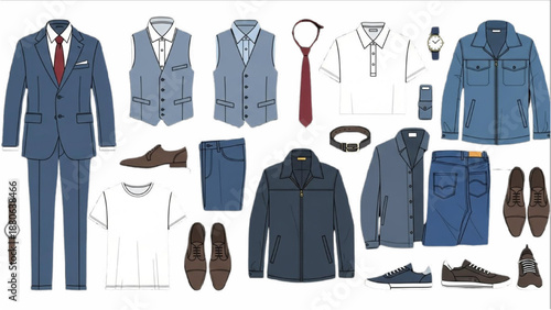 Collection of men's formal and casual clothing items displayed together on a clean white background from a straightforward viewpoint