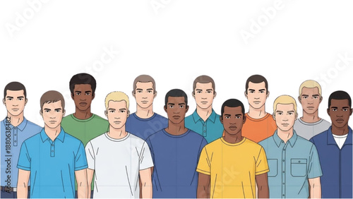 Group of diverse men standing together in a line, facing forward, illustration, studio background, front view