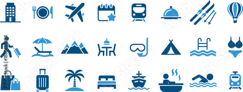 Travel and leisure icons set for various activities and destinations