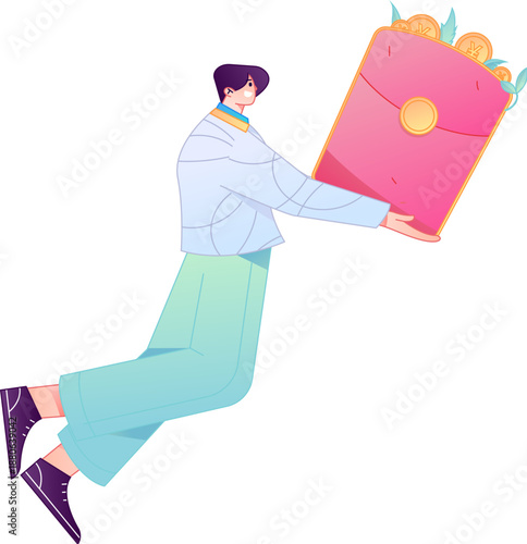 Vector flat gradient illustration of a character holding a red envelope and celebrating Chinese New Year.
