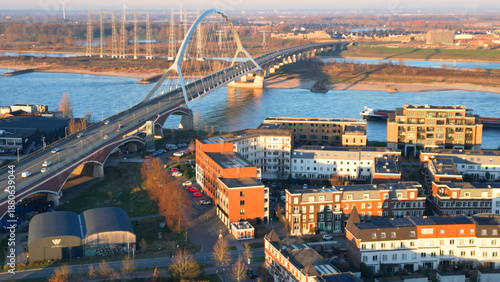 Nijmegen Cityscape from Above: Focusing on the Sleek Design of De Oversteek Bridge
