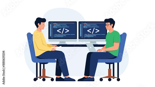 Two programmers sit opposite each other, coding on dual monitors and a laptop. The scene conveys teamwork, software development, and modern tech collaboration in a bright office.