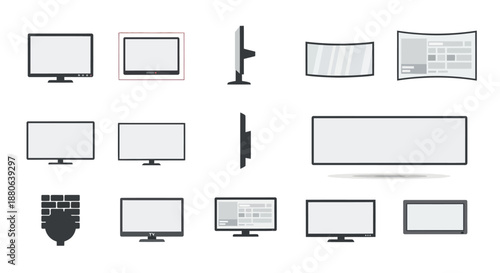 A comprehensive collection of various computer monitors and display screens in different styles and perspectives.