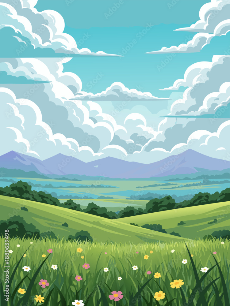 Fototapeta premium Beautiful Scenic Landscape Vector Illustration with Rolling Hills, Wildflowers, and Dramatic Clouds