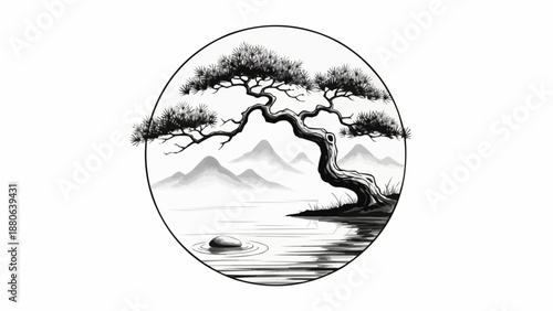 Traditional Japanese ink painting of a bonsai tree by the water.