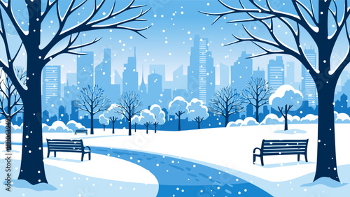 Winter park cityscape vector illustration with snow falling and bare trees, benches along a path in a city park