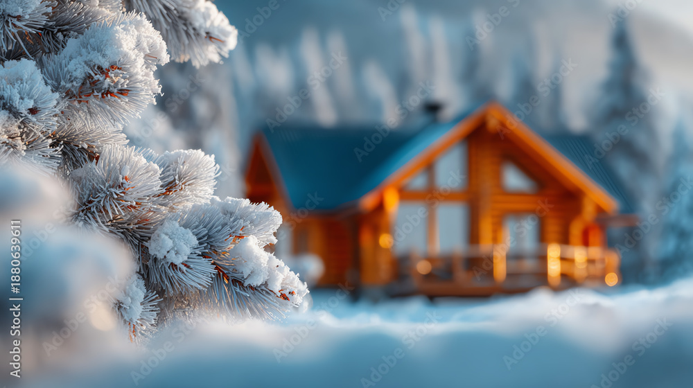Fototapeta premium A cozy wooden cabin surrounded by snow-covered trees, creating a serene winter atmosphere perfect for relaxation.