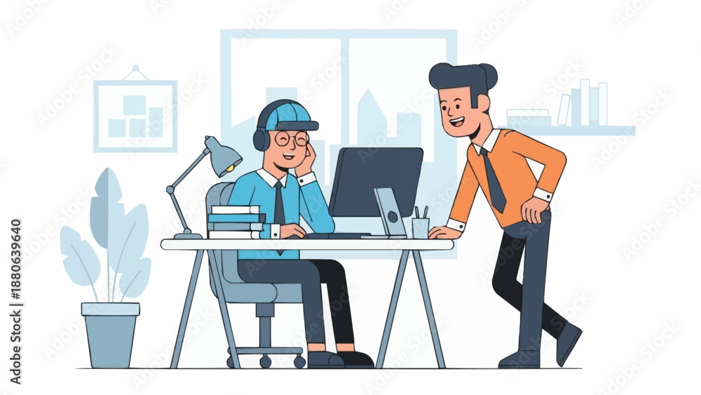 Fototapeta premium Two businessmen collaborating in a modern office setting discussing work.