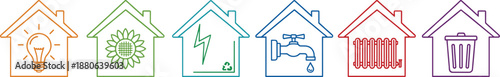 Smart home utility outline icon set representing electricity, solar energy, water supply, heating, and waste management services