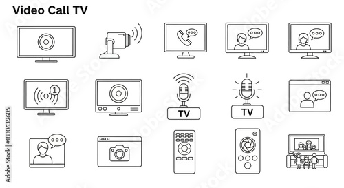 Collection of line art icons depicting video calls, teleconferencing, and television communication features.