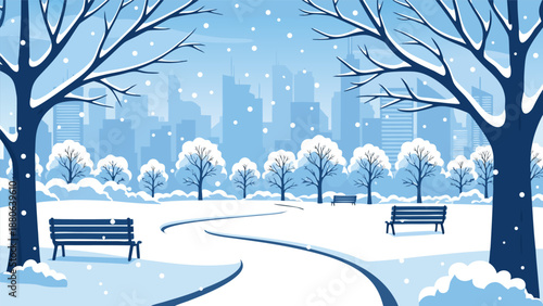 Winter park scene vector illustration with snow-covered trees and benches, set against a cityscape background in a soft blue palette, perfect for seasonal designs