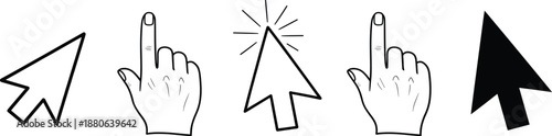 Cursor and click pointer icon set showing mouse arrows and hand gestures for user interface, web navigation, and interaction design