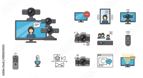Icons representing video conferencing, digital cameras, remote controls, and communication technology.