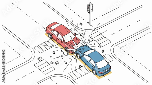 Two cars colliding at a busy city intersection illustration.
