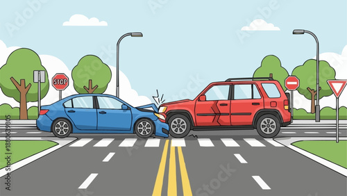 Two cars colliding at a crosswalk in a city street illustration.