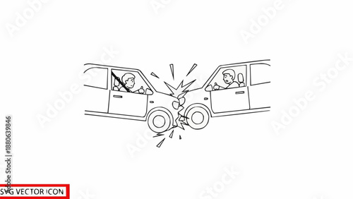 Two cars colliding head on in a cartoon illustration style.