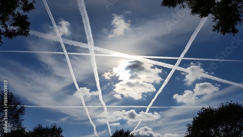 Blue sky with white clouds and multiple airplane contrails crisscrossing