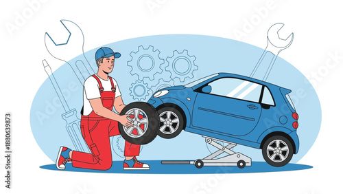 Professional Mechanic Replacing a Car Tire on a Lift in a Busy Auto Shop