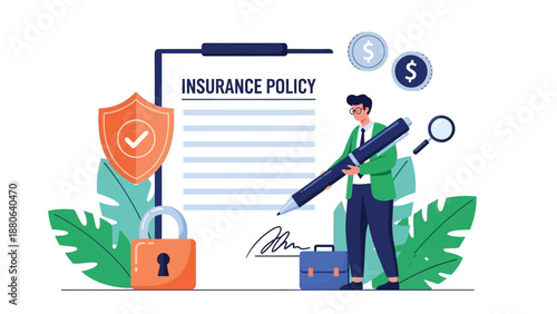 Insurance Policy Signing: Businessman With Shield, Lock, and Financial Icons in a Professional Scene