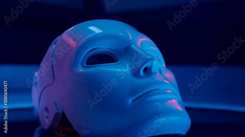 Blue face mask on reflective surface with purple and pink lighting effects around it
