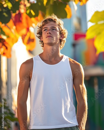 Outdoor portrait of a young man wearing a white tank top.