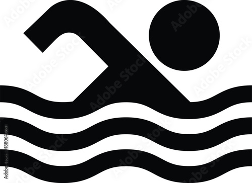 Black silhouette icon of a person swimming in wavy water, representing aquatic activities
