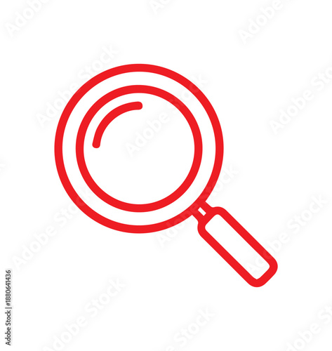 Close up of a thick red outline drawing of a magnifying glass tool symbolizing research and investigation isolated on white.