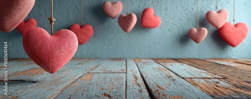 Romantic red hearts hanging over wooden floor creates warm Valentine mood for romance photos shoot