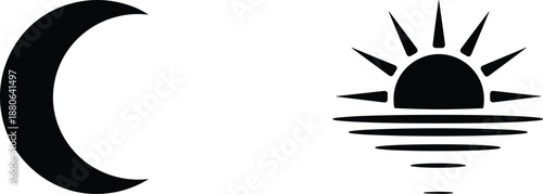 Moon and sun icons, day and night symbols, black silhouette vector illustration, minimal weather logo set, isolated design