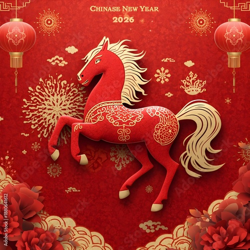 Wallpaper Mural Chinese New Year 2026 Year of the Horse Illustration with Red and Gold Traditional Chinese Decorations.  Torontodigital.ca