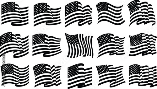 Collection of waving American flag silhouettes in black vector style for patriotic branding, independence celebrations, banners, posters, backgrounds.